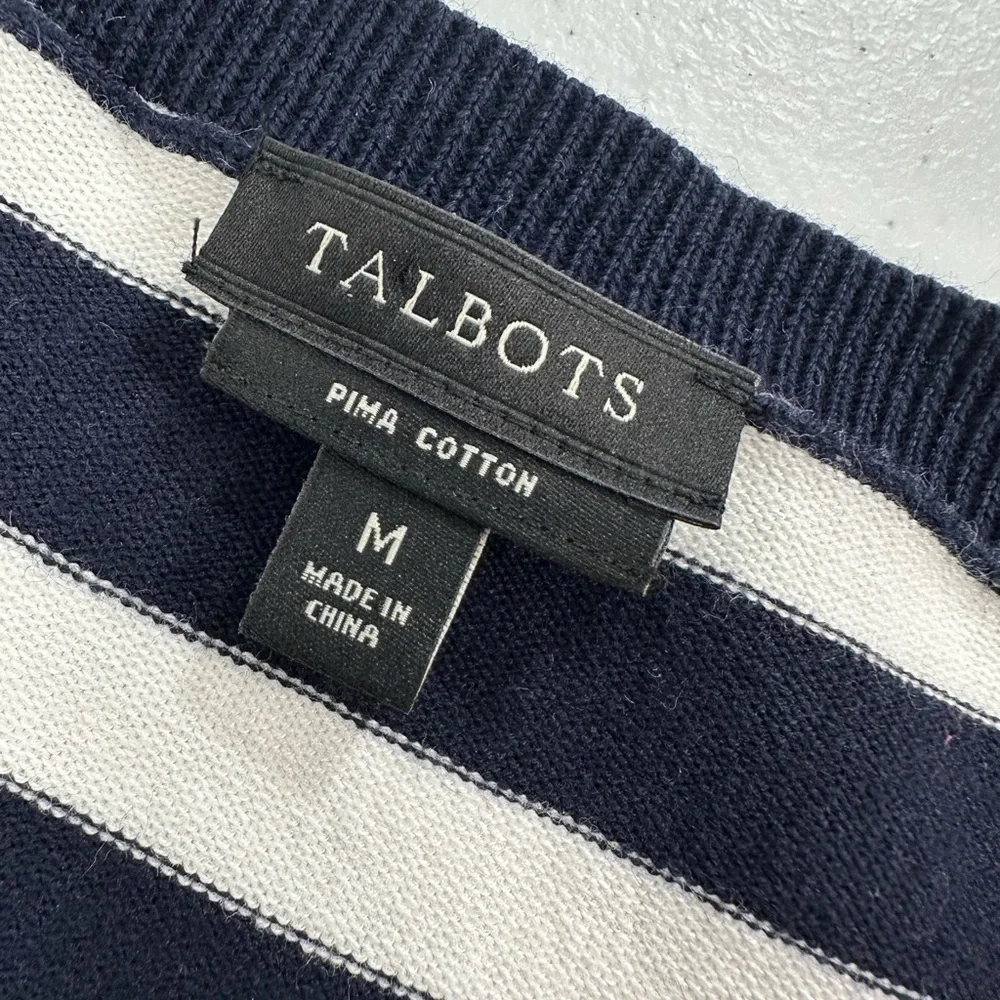 Talbots Nautical Navy White Stripe Cardigan Pima Cotton 3/4 Sleeve Classic Med